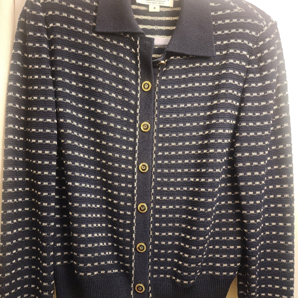 St. John Navy and White Knit Cardigan Shouder Pads Size-6 By Marie Gray.
